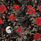 black crows, red roses, gothic pattern, dark floral,, fabric panel, moonlight scene, thorny stems, victorian gothic, dramatic contrast, blood red blooms, raven birds, mystical mood, botanical design, black background, crimson flowers, spooky elegance, ornate leaves, halloween theme, romantic goth