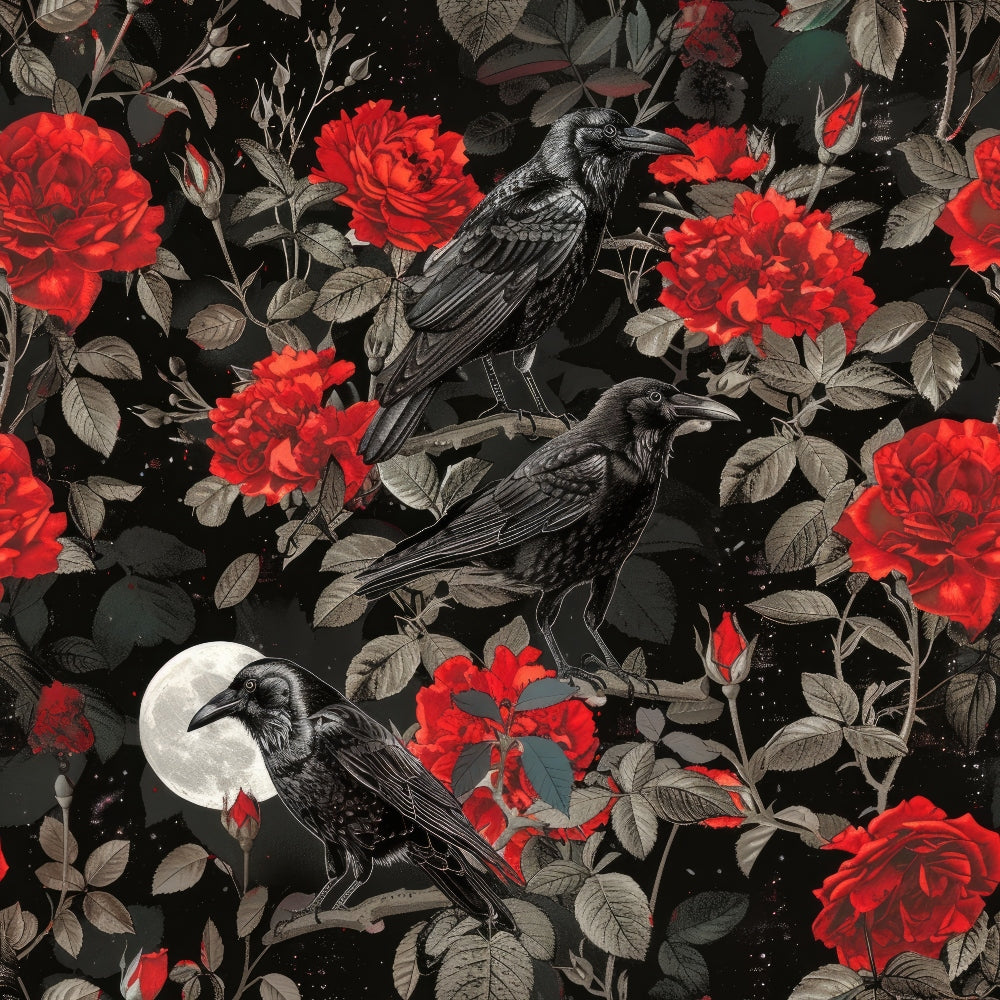 black crows, red roses, gothic pattern, dark floral,, fabric panel, moonlight scene, thorny stems, victorian gothic, dramatic contrast, blood red blooms, raven birds, mystical mood, botanical design, black background, crimson flowers, spooky elegance, ornate leaves, halloween theme, romantic goth