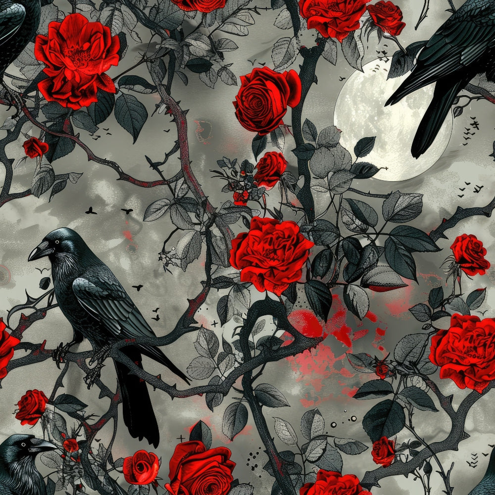 black crows, red roses, gray background, gothic pattern, dark birds, thorny vines, moody atmosphere,, fabric panel, dramatic contrast, monochromatic leaves, crimson flowers, ravens, brambles, mysterious mood, floral motifs, bird silhouettes, romantic goth, nature design