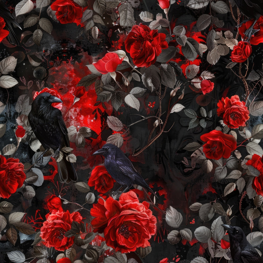 evil crows, black ravens, red roses, dark floral, gothic pattern, crimson blooms, gray leaves, moody atmosphere, dramatic contrast,, fabric panel, black birds, rose petals, thorny vines, mysterious mood, dark romance, blood red, charcoal background, botanical elements, spooky theme