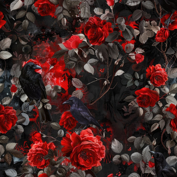 evil crows, black ravens, red roses, dark floral, gothic pattern, crimson blooms, gray leaves, moody atmosphere, dramatic contrast,, fabric panel, black birds, rose petals, thorny vines, mysterious mood, dark romance, blood red, charcoal background, botanical elements, spooky theme