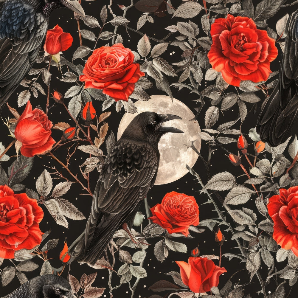 black crows, red roses, gothic pattern, dark background, floral design, bird motif, full moon, gray leaves, thorny stems, dramatic contrast,, fabric panel, moody atmosphere, crimson blooms, raven birds, botanical elements, night scene, vintage illustration, ornate flowers, starry sky
