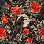 black crows, red roses, gothic pattern, dark background, floral design, bird motif, full moon, gray leaves, thorny stems, dramatic contrast,, fabric panel, moody atmosphere, crimson blooms, raven birds, botanical elements, night scene, vintage illustration, ornate flowers, starry sky