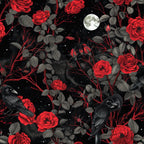 black ravens, red roses, full moon, night sky, starry background, gothic pattern, dark birds, crimson flowers, gray leaves, thorny vines, midnight scene,, fabric panel, moody atmosphere, celestial elements, botanical design, corvid birds, dramatic contrast, spooky theme, dark romantic
