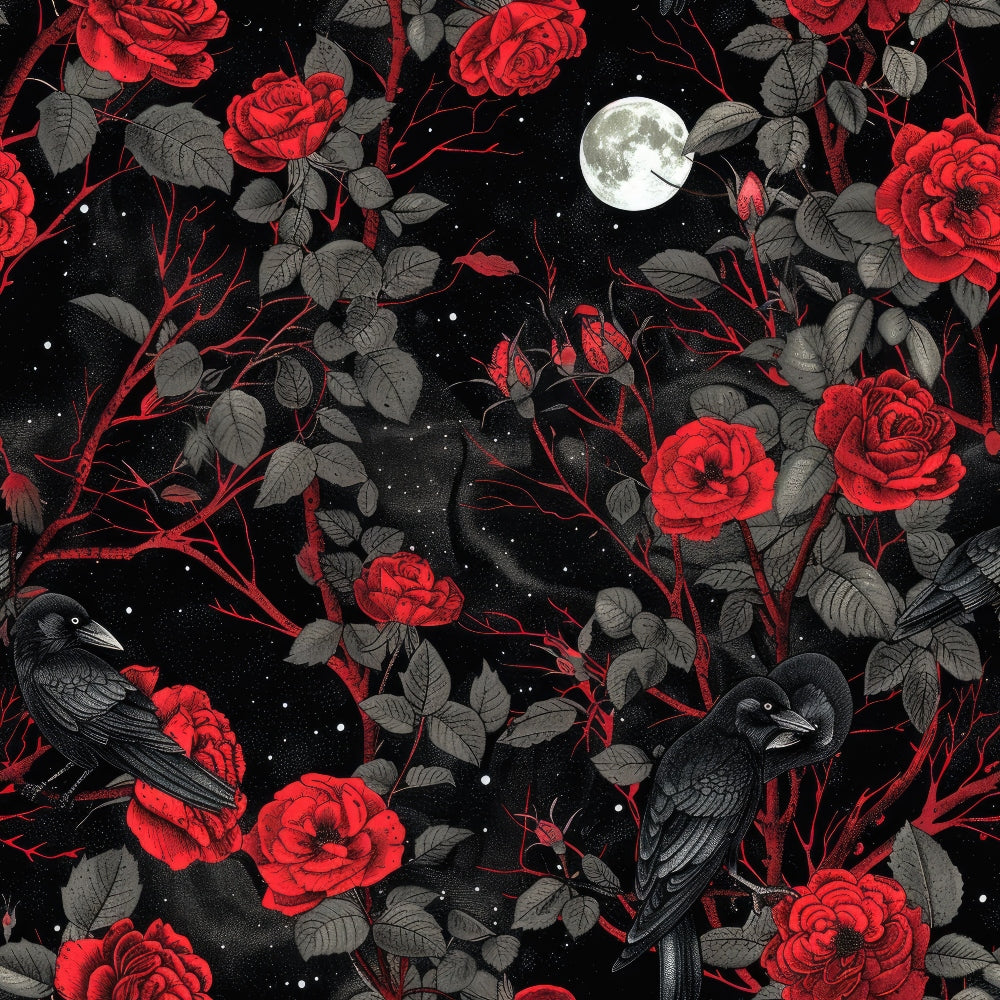 black ravens, red roses, full moon, night sky, starry background, gothic pattern, dark birds, crimson flowers, gray leaves, thorny vines, midnight scene,, fabric panel, moody atmosphere, celestial elements, botanical design, corvid birds, dramatic contrast, spooky theme, dark romantic