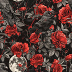 black ravens, red roses, gothic pattern, dark floral, corvid birds, crimson flowers, moon phases, thorny vines, dramatic contrast,, fabric panel, moody aesthetic, dark romance, botanical elements, bird motif, red petals, black feathers, mystical design, nature pattern, striking colors