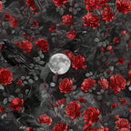 black crows, red roses, gray leaves, full moon, gothic pattern, dark background, floral design, bird motif, crimson flowers, charcoal gray,, fabric panel, moody aesthetic, thorny stems, raven silhouettes, botanical elements, dramatic contrast, mystical theme, rose buds, pewter foliage