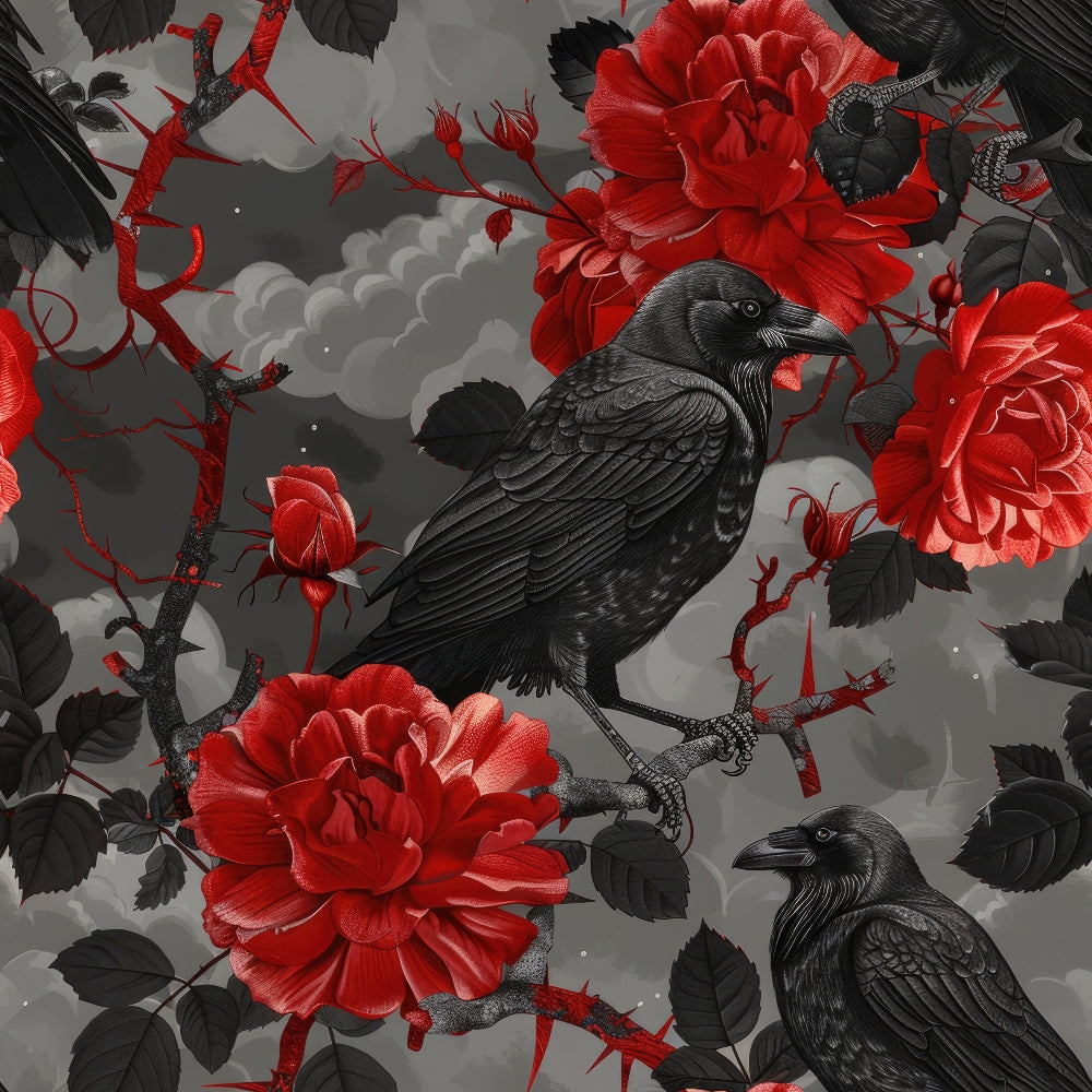 black crows, red roses, gothic pattern, dark gray background, thorny branches, moody atmosphere,, fabric panel, corvid birds, blooming flowers, dramatic contrast, stormy clouds, nature motif, gothic style, black feathers, crimson petals, mysterious mood, botanical elements, bird pattern, floral design