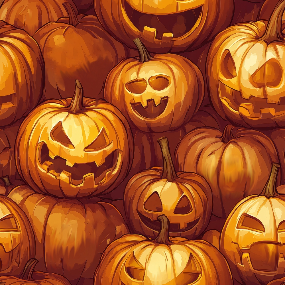 orange, amber, burnt orange, golden yellow, deep orange, jack-o-lanterns, carved pumpkins, halloween faces, spooky expressions, pumpkin patch, autumn harvest, seasonal design, halloween theme,, fabric panel, cartoon style, whimsical art, festive mood, fall decoration, pumpkin stems