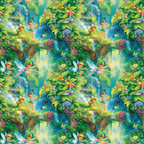 fairies, forest scene, tropical waterfall, lush greenery, emerald green, turquoise blue, coral pink, golden yellow, flowering vines, palm fronds, magical creatures, whimsical pattern, fantasy theme,, fabric panel, nature scene, butterfly accents, cascading waterfalls, enchanted forest, repeating motif