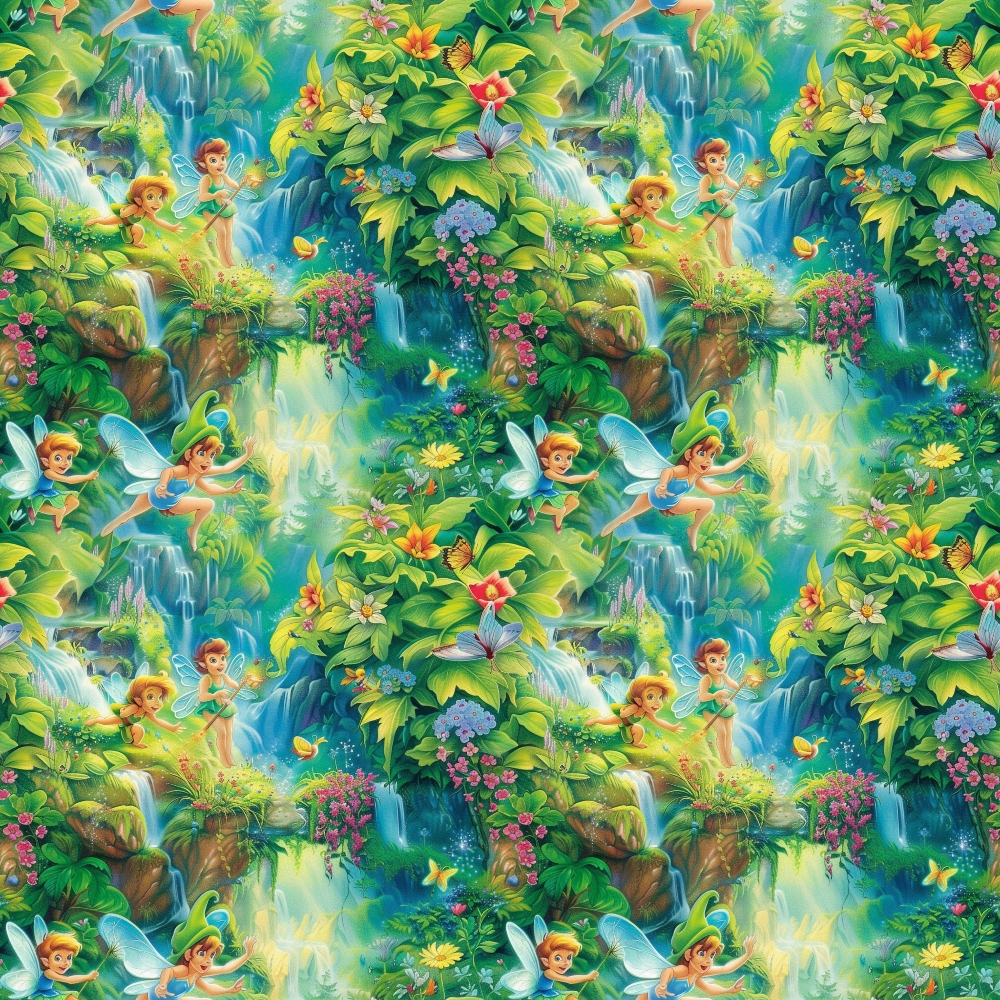 fairies, forest scene, tropical waterfall, lush greenery, emerald green, turquoise blue, coral pink, golden yellow, flowering vines, palm fronds, magical creatures, whimsical pattern, fantasy theme,, fabric panel, nature scene, butterfly accents, cascading waterfalls, enchanted forest, repeating motif