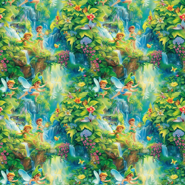 fairies, forest scene, tropical waterfall, lush greenery, emerald green, turquoise blue, coral pink, golden yellow, flowering vines, palm fronds, magical creatures, whimsical pattern, fantasy theme,, fabric panel, nature scene, butterfly accents, cascading waterfalls, enchanted forest, repeating motif
