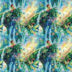fairies, forest, waterfall, blue, green, yellow, turquoise, magical, fantasy, butterflies, flowers, tropical plants, whimsical, enchanted, nature scene,, fabric panel, mystical, lush foliage, fairy wings