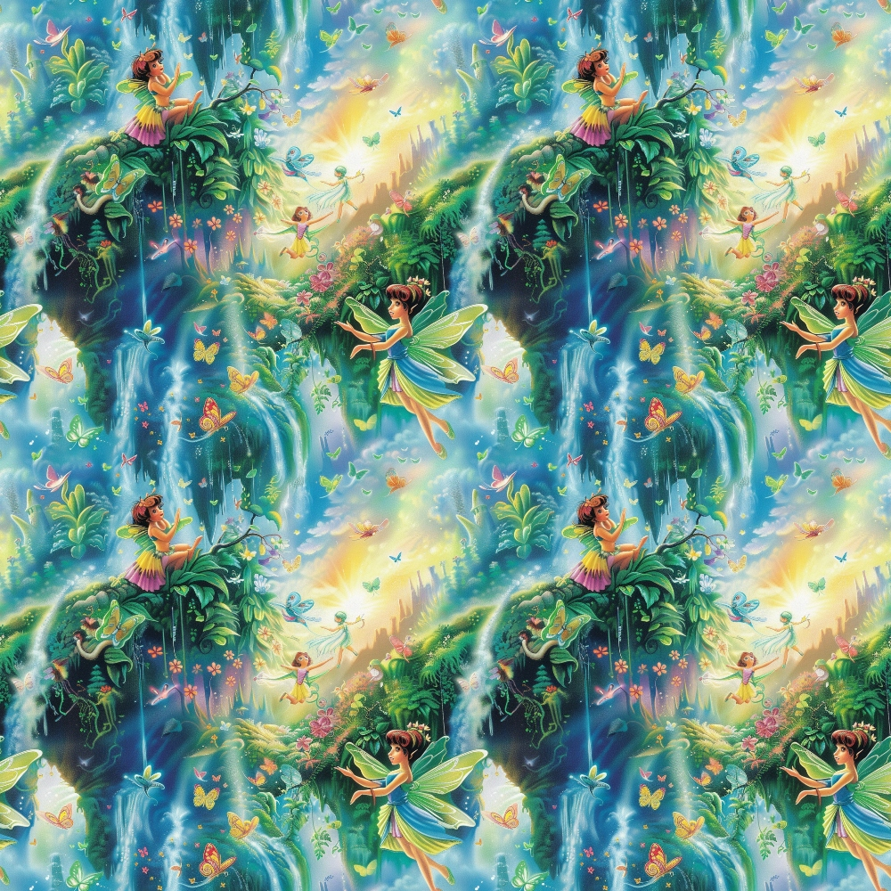 fairies, forest, waterfall, blue, green, yellow, turquoise, magical, fantasy, butterflies, flowers, tropical plants, whimsical, enchanted, nature scene,, fabric panel, mystical, lush foliage, fairy wings