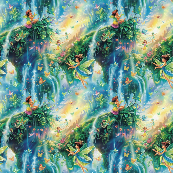 fairies, forest, waterfall, blue, green, yellow, turquoise, magical, fantasy, butterflies, flowers, tropical plants, whimsical, enchanted, nature scene,, fabric panel, mystical, lush foliage, fairy wings