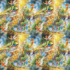 fairies, forest scene, magical creatures, waterfalls, rainbow colors, golden yellow, emerald green, sky blue, whimsical illustration, fantasy art, children's characters, enchanted woodland, sparkles, butterflies,, fabric panel, nature scene, mystical atmosphere, bright colors, storybook style