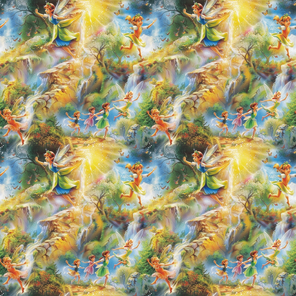 fairies, forest scene, magical creatures, waterfalls, rainbow colors, golden yellow, emerald green, sky blue, whimsical illustration, fantasy art, children's characters, enchanted woodland, sparkles, butterflies,, fabric panel, nature scene, mystical atmosphere, bright colors, storybook style