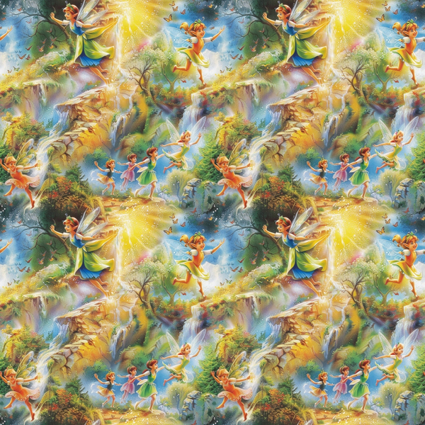 fairies, forest scene, magical creatures, waterfalls, rainbow colors, golden yellow, emerald green, sky blue, whimsical illustration, fantasy art, children's characters, enchanted woodland, sparkles, butterflies,, fabric panel, nature scene, mystical atmosphere, bright colors, storybook style