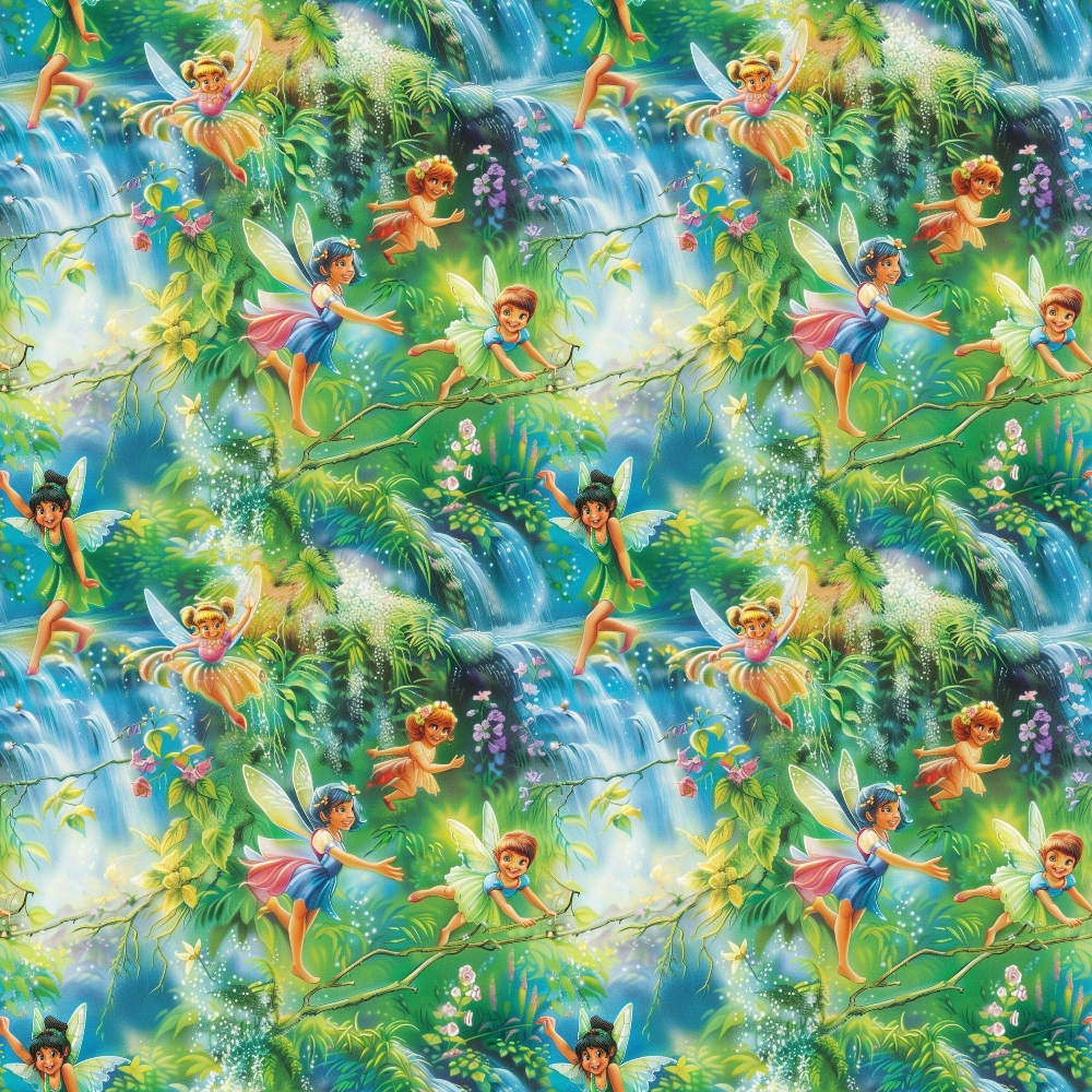 fairies, forest scene, fantasy characters, winged sprites, waterfall, tropical foliage, lush greenery, vibrant blues, emerald green, magical sparkles, whimsical illustration, children's fantasy,, fabric panel, enchanted woodland, fairy tale motif, nature scene, flowing water, jungle plants, mystical atmosphere