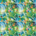 fairies, forest scene, fantasy characters, winged sprites, waterfall, tropical foliage, lush greenery, vibrant blues, emerald green, magical sparkles, whimsical illustration, children's fantasy,, fabric panel, enchanted woodland, fairy tale motif, nature scene, flowing water, jungle plants, mystical atmosphere