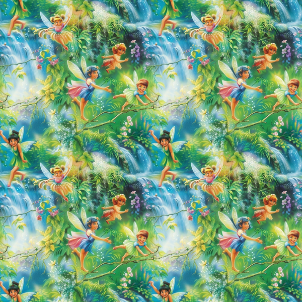 fairies, forest scene, fantasy characters, winged sprites, waterfall, tropical foliage, lush greenery, vibrant blues, emerald green, magical sparkles, whimsical illustration, children's fantasy,, fabric panel, enchanted woodland, fairy tale motif, nature scene, flowing water, jungle plants, mystical atmosphere