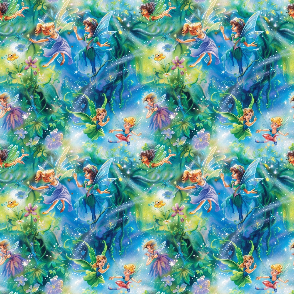fairies, forest, magical creatures, winged figures, enchanted woodland, sparkling effects, glittery details, blue tones, green hues, purple accents, fantasy theme, whimsical design, mystical atmosphere,, fabric panel, repeating pattern, children's motif, fairy tale inspired, nature elements, botanical background