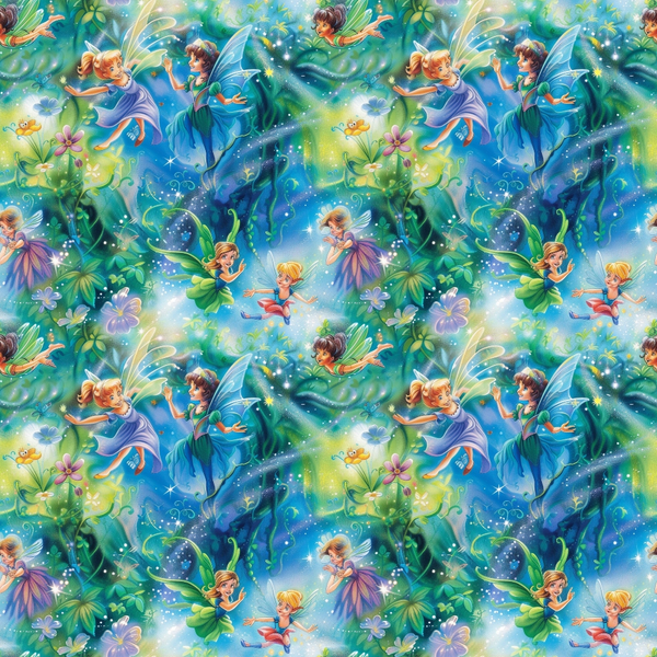 fairies, forest, magical creatures, winged figures, enchanted woodland, sparkling effects, glittery details, blue tones, green hues, purple accents, fantasy theme, whimsical design, mystical atmosphere,, fabric panel, repeating pattern, children's motif, fairy tale inspired, nature elements, botanical background