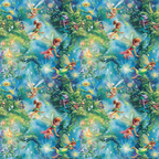 fairy pattern, forest scene, magical creatures, winged fairies, lush greenery, blue sky, sparkles, whimsical illustration, fantasy art,, fabric panel, enchanted forest, colorful flowers, nature scene, children's fabric, bright colors, emerald green, turquoise blue, golden yellow, repeating pattern