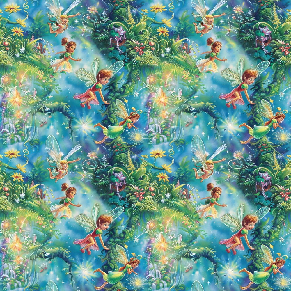 fairy pattern, forest scene, magical creatures, winged fairies, lush greenery, blue sky, sparkles, whimsical illustration, fantasy art,, fabric panel, enchanted forest, colorful flowers, nature scene, children's fabric, bright colors, emerald green, turquoise blue, golden yellow, repeating pattern