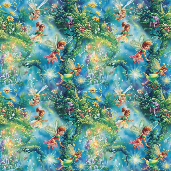 fairy pattern, forest scene, magical creatures, winged fairies, lush greenery, blue sky, sparkles, whimsical illustration, fantasy art,, fabric panel, enchanted forest, colorful flowers, nature scene, children's fabric, bright colors, emerald green, turquoise blue, golden yellow, repeating pattern