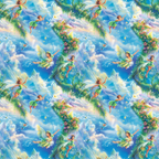 fairies, winged characters, forest scene, blue sky, white clouds, green foliage, tropical plants, flowers, magical sparkles, fantasy illustration, whimsical art,, fabric panel, enchanted forest, flying figures, pastel colors, nature motifs, children's theme, repeating pattern, cottage core