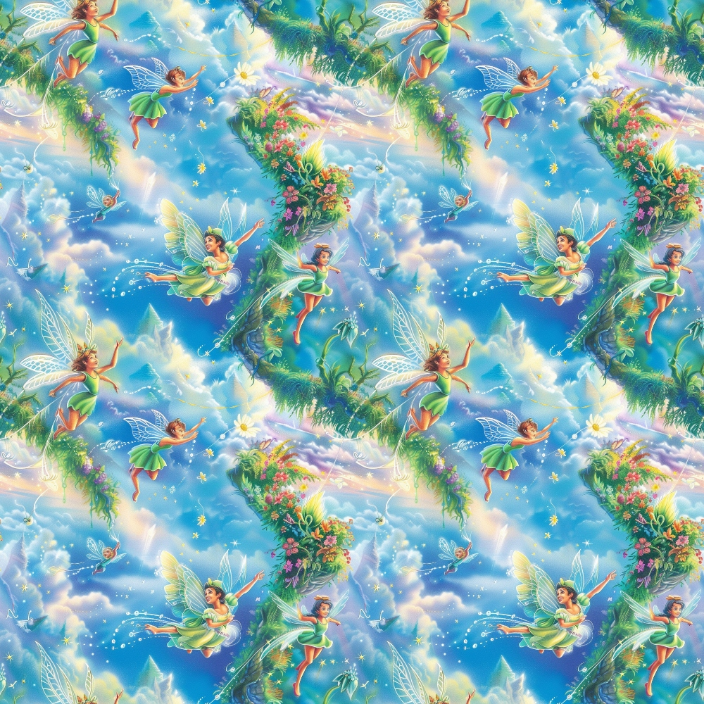 fairies, winged characters, forest scene, blue sky, white clouds, green foliage, tropical plants, flowers, magical sparkles, fantasy illustration, whimsical art,, fabric panel, enchanted forest, flying figures, pastel colors, nature motifs, children's theme, repeating pattern, cottage core