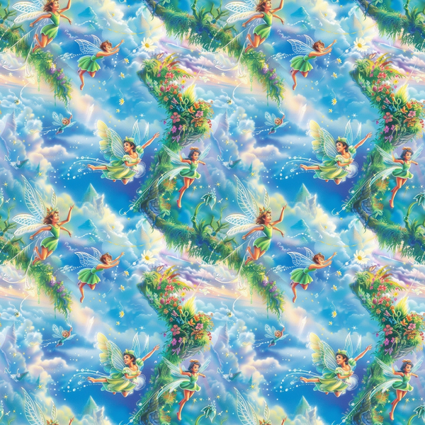 fairies, winged characters, forest scene, blue sky, white clouds, green foliage, tropical plants, flowers, magical sparkles, fantasy illustration, whimsical art,, fabric panel, enchanted forest, flying figures, pastel colors, nature motifs, children's theme, repeating pattern, cottage core