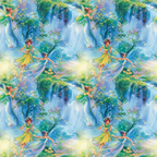 fairy, fairies, forest, waterfall, magical, enchanted, blue, green, turquoise, purple, yellow, wings, fantasy characters, whimsical, dreamy, flowing water, lush foliage, sparkling, ethereal,, fabric panel, mystical scene
