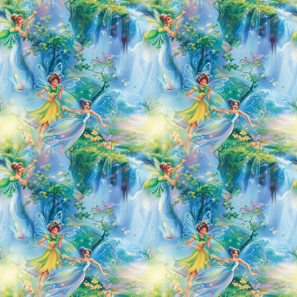 fairy, fairies, forest, waterfall, magical, enchanted, blue, green, turquoise, purple, yellow, wings, fantasy characters, whimsical, dreamy, flowing water, lush foliage, sparkling, ethereal,, fabric panel, mystical scene
