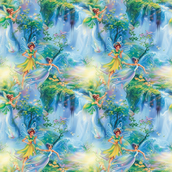 fairy, fairies, forest, waterfall, magical, enchanted, blue, green, turquoise, purple, yellow, wings, fantasy characters, whimsical, dreamy, flowing water, lush foliage, sparkling, ethereal,, fabric panel, mystical scene