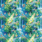 fairies, forest, magical creatures, blue water, green foliage, waterfalls, butterflies, fantasy scene, whimsical, enchanted woodland, tropical plants, mystical, nature scene,, fabric panel, vibrant blues, lush greens, fairy tale, magical forest, repeating pattern