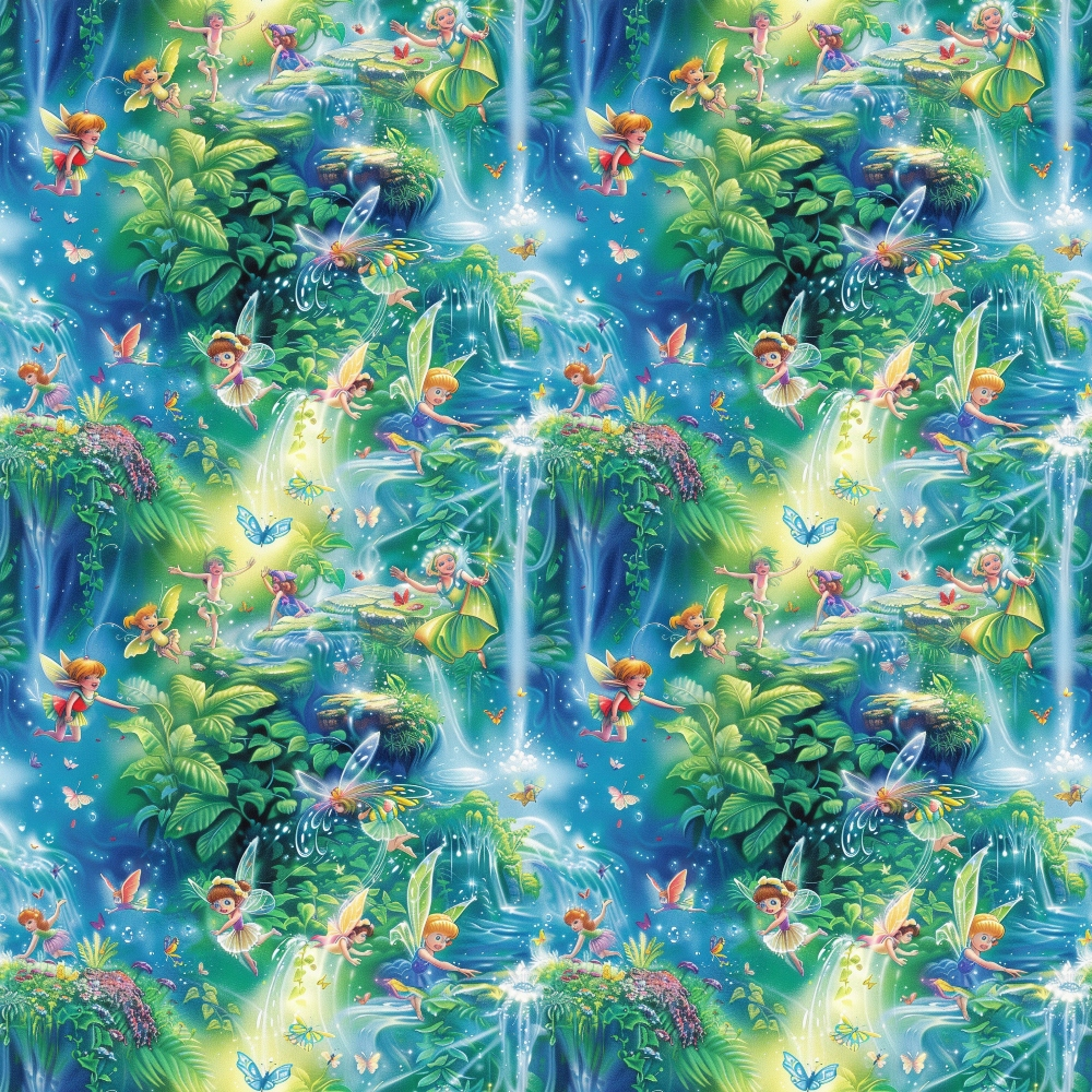 fairies, forest, magical creatures, blue water, green foliage, waterfalls, butterflies, fantasy scene, whimsical, enchanted woodland, tropical plants, mystical, nature scene,, fabric panel, vibrant blues, lush greens, fairy tale, magical forest, repeating pattern