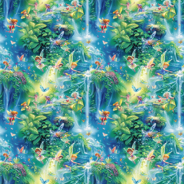 fairies, forest, magical creatures, blue water, green foliage, waterfalls, butterflies, fantasy scene, whimsical, enchanted woodland, tropical plants, mystical, nature scene,, fabric panel, vibrant blues, lush greens, fairy tale, magical forest, repeating pattern