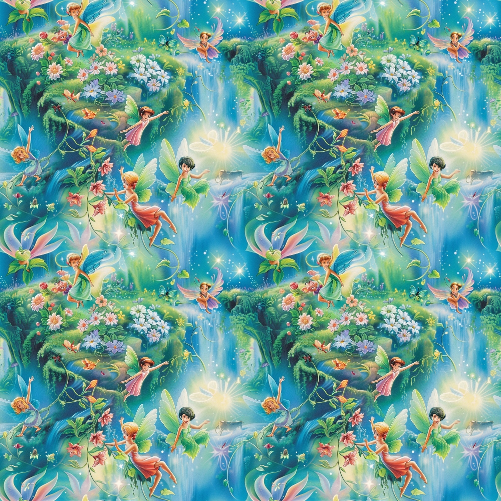 fairies, forest scene, magical creatures, winged figures, lush greenery, vibrant flowers, waterfall, sparkling stars, ethereal glow, fantasy illustration, whimsical art, enchanted woodland,, fabric panel, turquoise blue, emerald green, coral pink, white blossoms, mystical atmosphere, children's theme