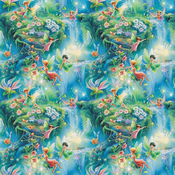 fairies, forest scene, magical creatures, winged figures, lush greenery, vibrant flowers, waterfall, sparkling stars, ethereal glow, fantasy illustration, whimsical art, enchanted woodland,, fabric panel, turquoise blue, emerald green, coral pink, white blossoms, mystical atmosphere, children's theme