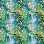 fairies, forest, magical, whimsical, fantasy, winged characters, tropical green, turquoise blue, coral pink, yellow accents, lush foliage, waterfall, butterflies, enchanted woodland, dreamy atmosphere,, fabric panel, repeating pattern, children's theme, nature scene