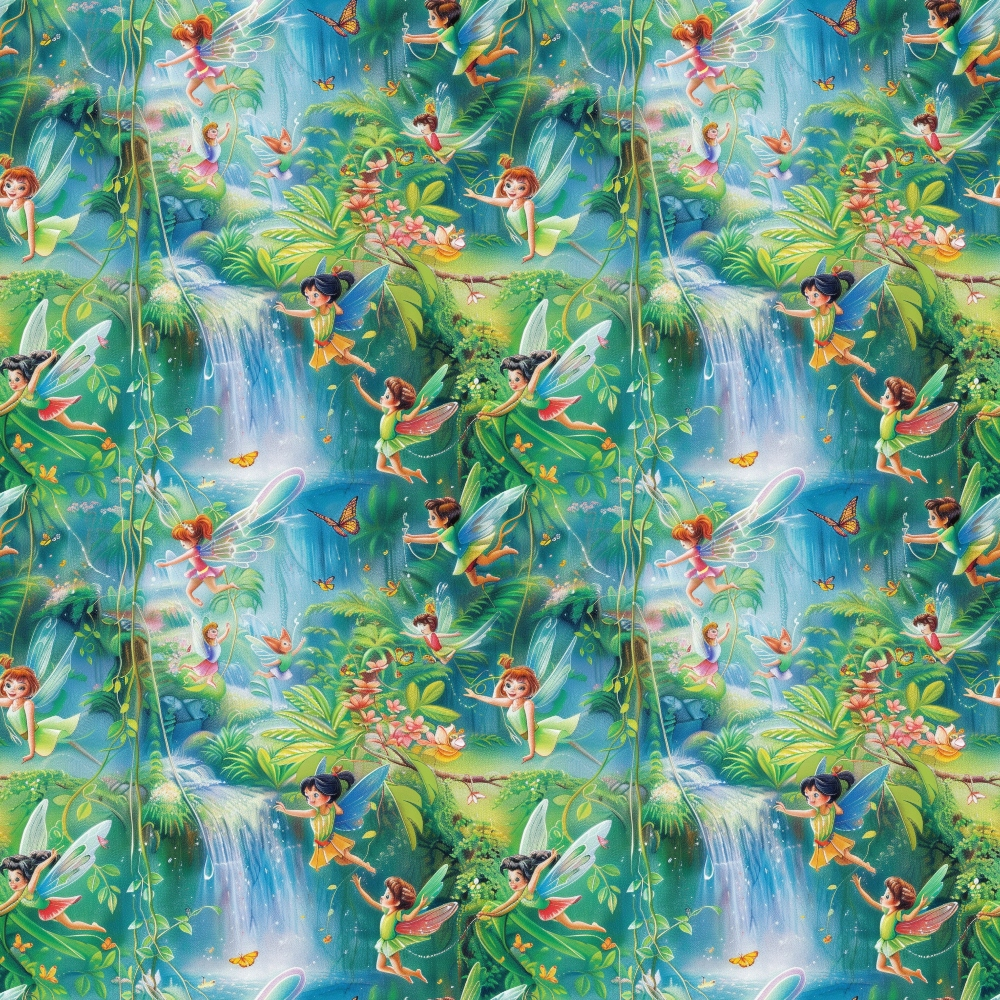 fairies, forest, magical, whimsical, fantasy, winged characters, tropical green, turquoise blue, coral pink, yellow accents, lush foliage, waterfall, butterflies, enchanted woodland, dreamy atmosphere,, fabric panel, repeating pattern, children's theme, nature scene