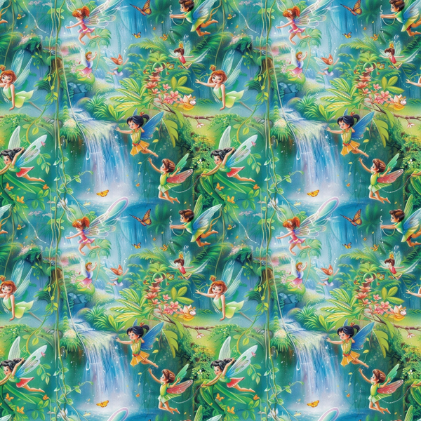 fairies, forest, magical, whimsical, fantasy, winged characters, tropical green, turquoise blue, coral pink, yellow accents, lush foliage, waterfall, butterflies, enchanted woodland, dreamy atmosphere,, fabric panel, repeating pattern, children's theme, nature scene