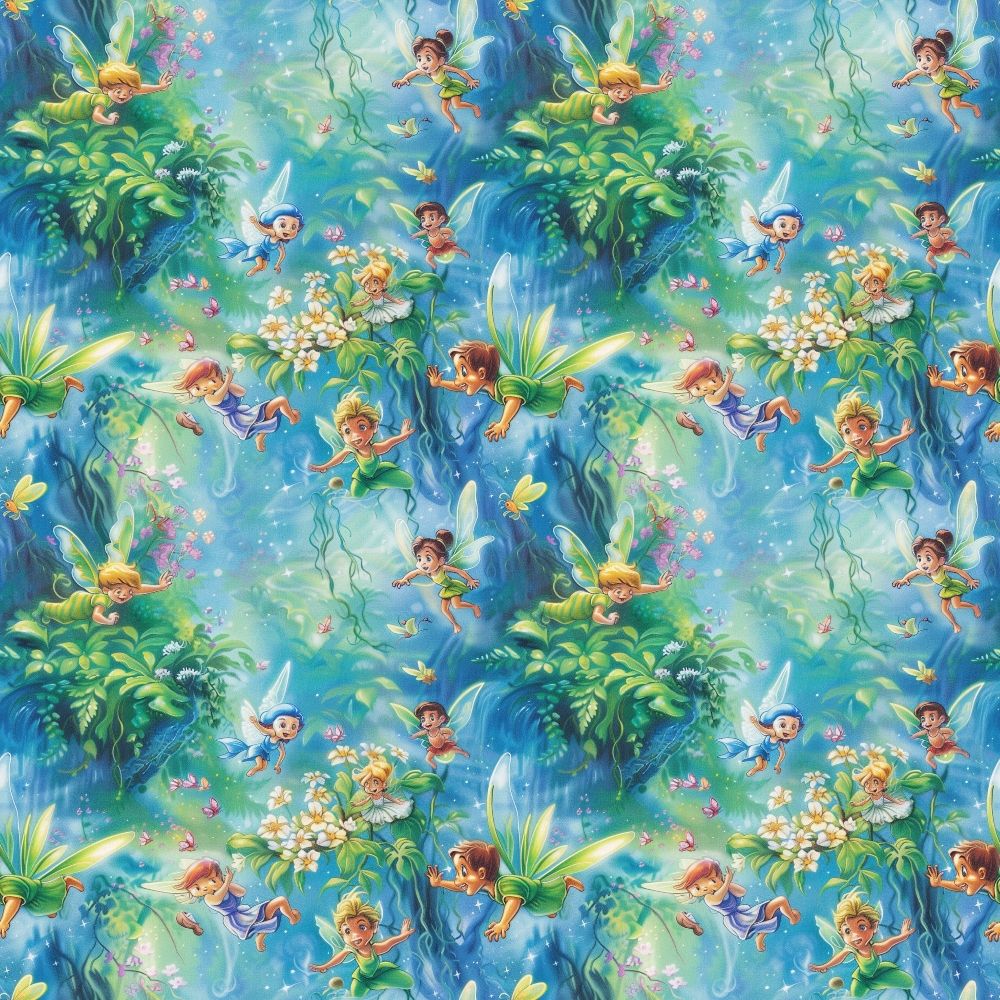 fairies, forest, magical creatures, wings, flying, enchanted woodland, lush greenery, blue tones, green hues, sparkles, glitter effects, whimsical characters, fantasy theme, children's motif,, fabric panel, repeating pattern, mystical atmosphere, nature scene, pixie dust