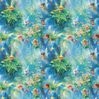 fairies, forest, magical creatures, wings, flying, enchanted woodland, lush greenery, blue tones, green hues, sparkles, glitter effects, whimsical characters, fantasy theme, children's motif,, fabric panel, repeating pattern, mystical atmosphere, nature scene, pixie dust