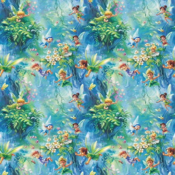 fairies, forest, magical creatures, wings, flying, enchanted woodland, lush greenery, blue tones, green hues, sparkles, glitter effects, whimsical characters, fantasy theme, children's motif,, fabric panel, repeating pattern, mystical atmosphere, nature scene, pixie dust