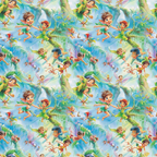 fairies, forest scene, peter pan characters, tinker bell, flying children, magical creatures, whimsical illustration, cartoon style, turquoise blue, emerald green, soft pastels, tropical foliage, enchanted woodland,, fabric panel, repeating pattern, fantasy theme, children's motif, disney inspired, dreamy atmosphere