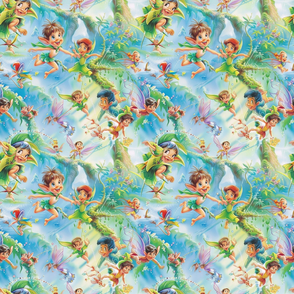 fairies, forest scene, peter pan characters, tinker bell, flying children, magical creatures, whimsical illustration, cartoon style, turquoise blue, emerald green, soft pastels, tropical foliage, enchanted woodland,, fabric panel, repeating pattern, fantasy theme, children's motif, disney inspired, dreamy atmosphere