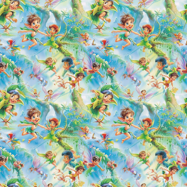 fairies, forest scene, peter pan characters, tinker bell, flying children, magical creatures, whimsical illustration, cartoon style, turquoise blue, emerald green, soft pastels, tropical foliage, enchanted woodland,, fabric panel, repeating pattern, fantasy theme, children's motif, disney inspired, dreamy atmosphere